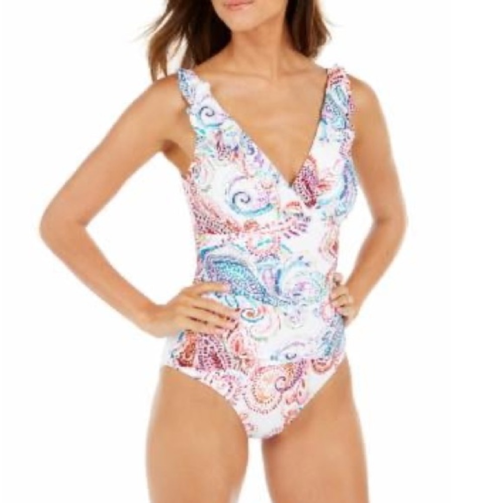 NWT Ralph Lauren WHITE PAISLEY Captiva Tummy Control Swimsuit Sz 8